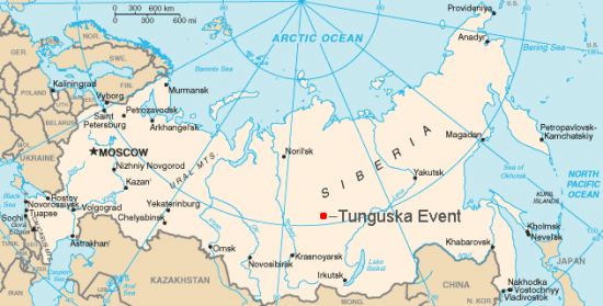 Map with Russia in light tan, with red dot near center of Siberia.