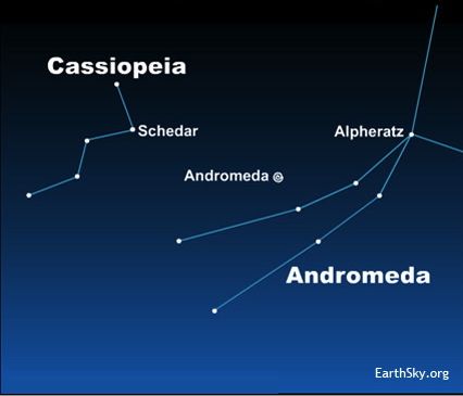 Many people use the M- or W-shaped constellation Cassiopeia to find the Andromeda Galaxy. See how the star Schedar points to the galaxy? Click here to expand image.