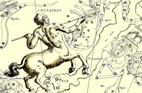 Antique drawing of centaur with stars of constellation in it.