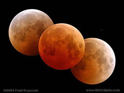 Mosaic of three moons, light orange on each side and red-orange in the middle.