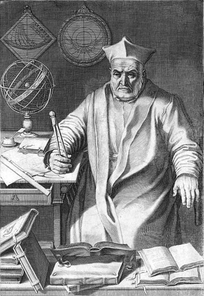 Engraving of man in Renaissance clothing with books and an orbital globe on a table.