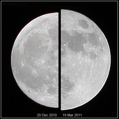O Supermoon de 19 de Março de 2011 (direita), em comparação com uma lua média de 20 de dezembro de 2010 (à esquerda).  Note-se a diferença de tamanho.  Crédito de imagem: Marco Langbroek, Holanda, via Wikimedia Commons.