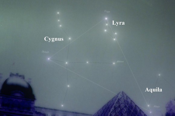 Triangle, plus stars of constellations Cygnus, Aquila, and Lyra above top of glass pyramid.