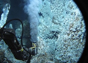 Undersea black smoker with Alvin mechanical arm