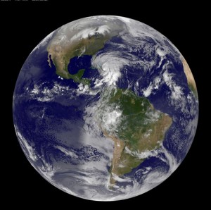 Visible satellite image from GOES showing the large size of Hurricane Sandy on October 25, 2012. Image Credit: NOAA