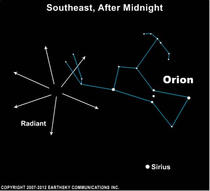 The Orionids radiate from a point near the upraised Club of the constellation Orion the Hunter.  The bright star near the radiant point is Betelgeuse.