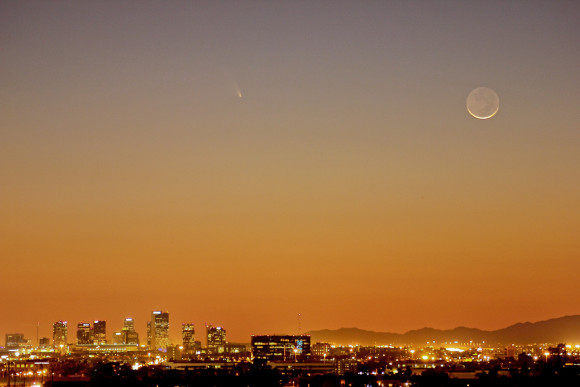 Last night (March 12), Comet PANSTARRS was to the left of the young moon.  What happened?  The moon moved in orbit around Earth!  Photo by Russ Vallelunga in Phoenix, Arizona on March 12, 2013.