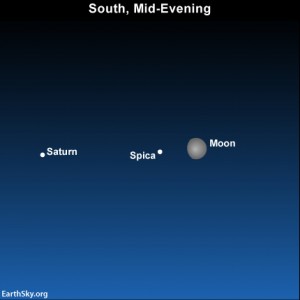 Let the moon guide your eye to the star Spica and planet Saturn on May 21.