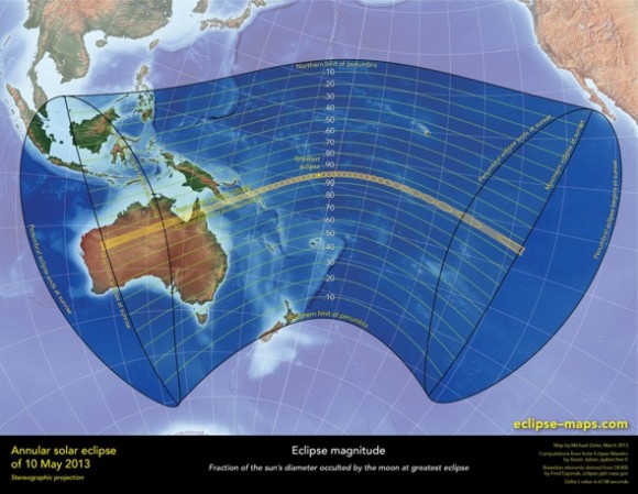 May 10, 2013 annular eclipse of the sun, visible in Australia and into the South Pacific.