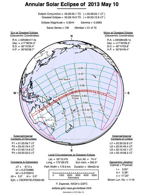 Details of annular eclipse of May 10, 2013 via Fred Espenak.