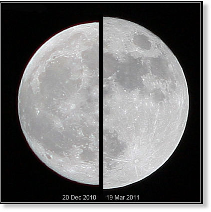 Photographs or other instruments can tell the difference between a supermoon and ordinary full moon.  The supermoon of March 19, 2011 (right), compared to an average moon of December 20, 2010 (left).  Image by Marco Langbroek of the Netherlands via Wikimedia Commons.