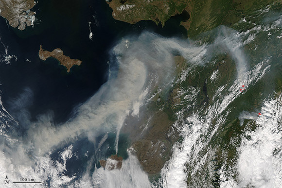 Satellite image of smoke from wildfires burning in western Alaska on June 19, 2013.  Read more about this image here.  NASA image by Jeff Schmaltz, LANCE/EOSDIS Rapid Response.