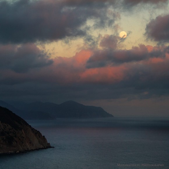 Super Moon (Waxing gibbous 96.7%) over Punta Manara, Sestri Levante Italy.  Photo credit: Maranathi.it Photograpy