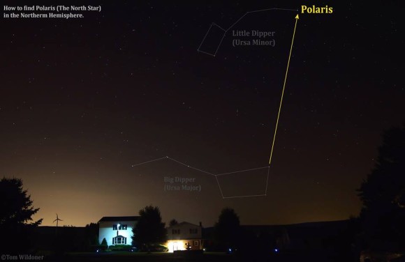 View larger. | You can use the Big Dipper to identify lots of other sky favorites, too. In this shot, taken around 3:30 a.m. in July 2013, Tom Wildoner shows how you can use the two outer stars in the bowl of the Big Dipper to find the North Star, Polaris. Thanks, Tom!