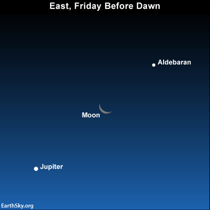 The waning crescent moon shines between the planet Jupiter and the star Aldebaran before dawn on Friday, August 2