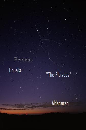 Sky photo with Perseus constellation, stars, and Pleiades labeled.