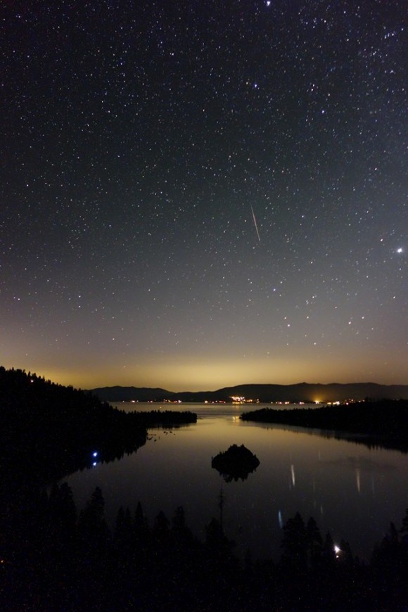 Perseid meteor over Emerald Bay, Lake Tahoe, California, as captured by our friend John A. Rossetto Jr.  Thank you, John.