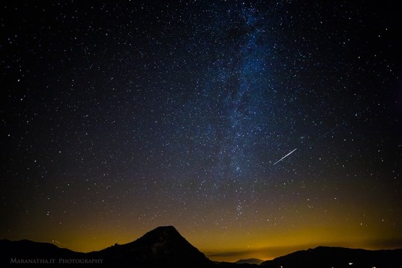 Perseid fireball next to the Northen end of the Milky Way over the Liguria Apennine mountains, interland of Sestri Levante, Italian Riviera.  Photo by EarthSky Facebook friend Maranatha.it Photography.  
