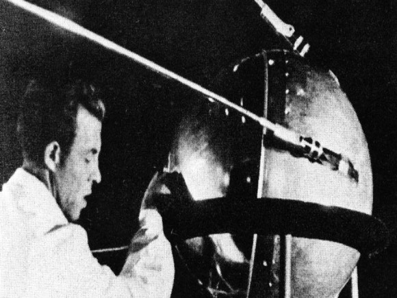 This historic image shows a technician putting the finishing touches on Sputnik 1, humanity's first artificial satellite. The pressurized sphere made of aluminum alloy had five primary scientific objectives: Test the method of placing an artificial satellite into Earth orbit; provide information on the density of the atmosphere by calculating its lifetime in orbit; test radio and optical methods of orbital tracking; determine the effects of radio wave propagation though the atmosphere; and, check principles of pressurization used on the satellites.  Image Credit: NASA/Asif A. Siddiqi 
