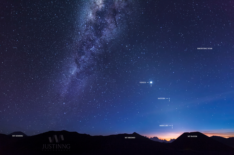 Milky Way on left, and faint zodiacal light on right, with planets Venus, Saturn and Mercury in front of the light.  Photo taken at Mount Bromo in Indonesia on September 28, 2013 by Justin Ng.  Click here to see more photos by Justin Ng.