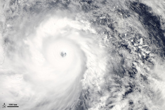 NASA’s Aqua satellite acquired this natural color image of Super Typhoon Haiyan as it approached the east coast of the Philippines. Image was acquired at 1:25 p.m. local time (4:25 Universal Time) on November 7, 2013.  Image via NASA.