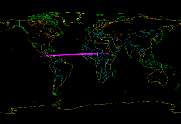 Map of the possible impact points of 2014 AA, produced by astronomer Bill Gray.  The asteroid could have impacted Earth's atmosphere anywhere along this line.  Most likely landing place is off the west coast of Africa, in the Atlantic Ocean.