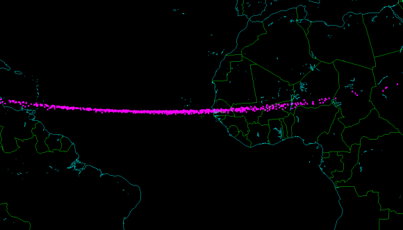 Map of the possible impact points of 2014 AA, produced by astronomer Bill Gray.  The asteroid could have impacted Earth's atmosphere anywhere along this line.  Most likely landing place is off the west coast of Africa, in the Atlantic Ocean.