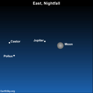 The moon and Jupiter come out first thing at dusk. As dusk deepens into night, watch for the Gemini stars, Castor and Pollux, to pop out close to the moon and Jupiter.