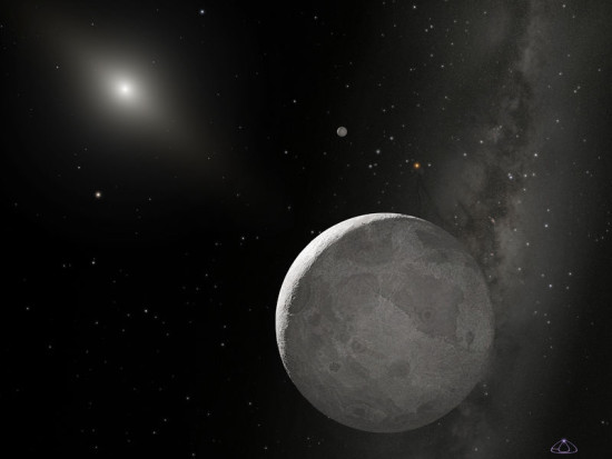 Artist's concept of the dwarf planet Eris, whose distance from the sun varies from 38.255 to 97.661 au.  