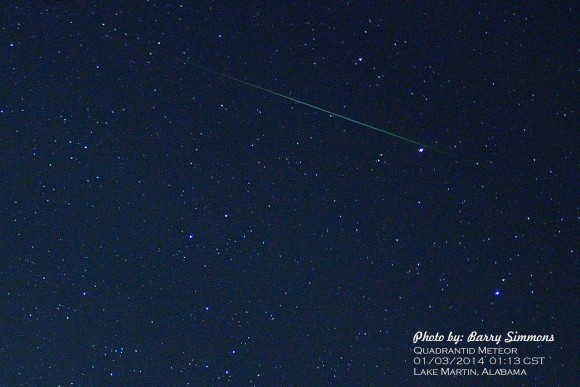 Barry Simmons in Lake Martin, Alabama captured this Quadrantid meteor on the morning of January 3, 2014. Thank you, Barry.