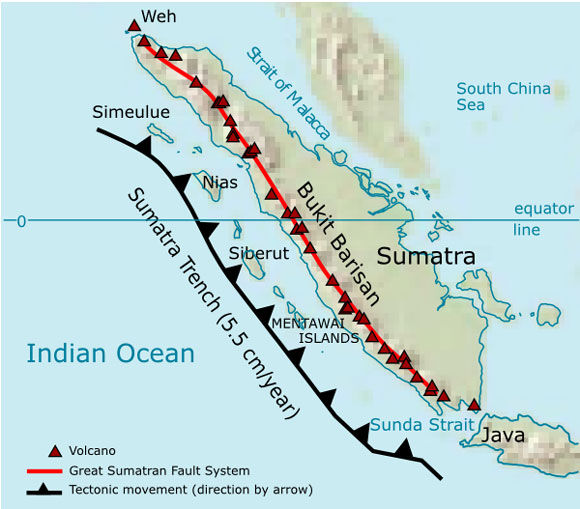 Several volcanoes dot the western coastline of Sumatra in Indonesia. Image Credit: Wikimedia Commons.