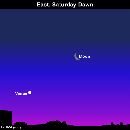 The waning crescent moon and the dazzling planet Venus adorn the eastern sky during the predawn/dawn hours on May 24, 25 and 26.The above chart is for May 24.