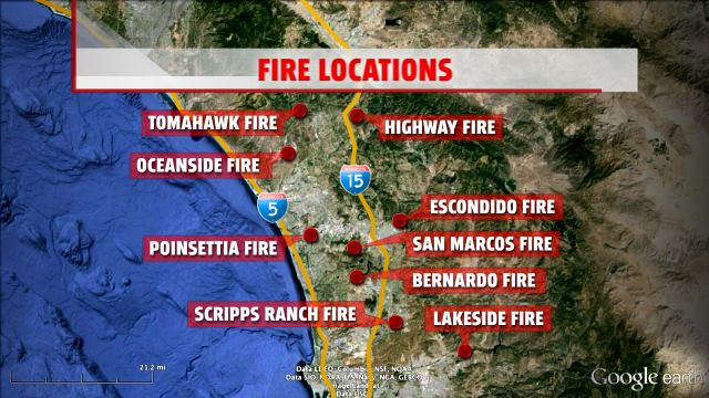Location of fires across Southern California. Image Credit: Fox 5 San Diego
