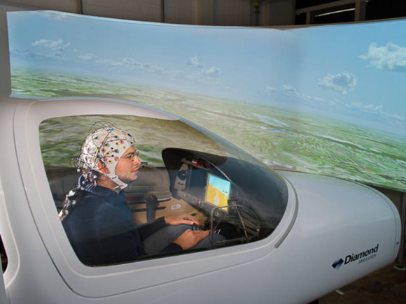 Simulating brain controlled flying at the Institute for Flight System Dynamics. Photo credit: A. Heddergott/TU München