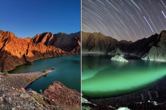 Justin Ng used these two photos to create the composite of Hatta Dam, day to night, on the page above.
