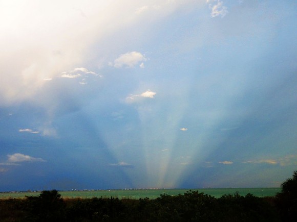 Anticrepuscular rays opposite the setting sun off the Florida Gulf Coast of the United States. Photo by Wojtow via Wikimedia Commons.