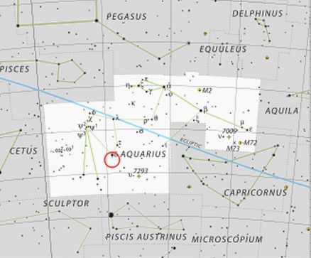 Star chart of constellation Aquarius with red circle around star Skat.