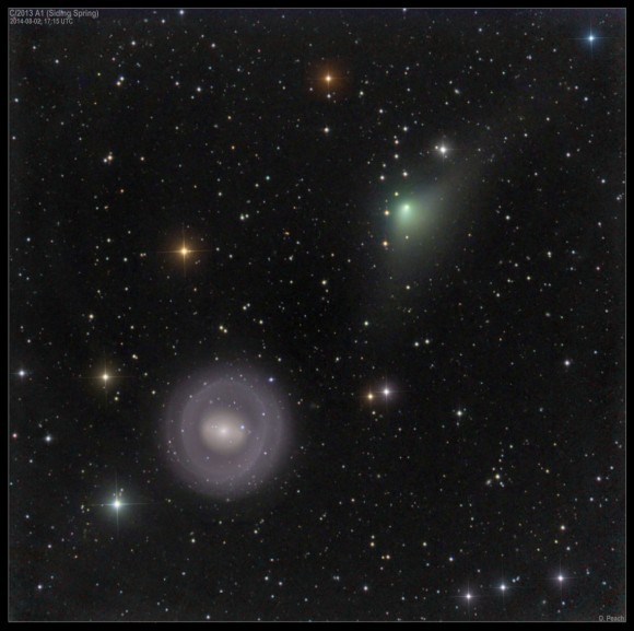 View larger. | Comet C2013 A1 Siding Spring passing near the ringed galaxy NGC 1291.  Photo by Damian Peach.  Visit DamianPeach.com