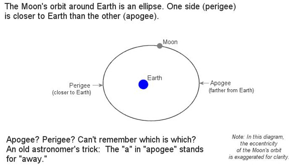 Image credit: NASA. The moon's orbit is closer to being a circle than the diagram suggests. The moon is closest to Earth in its orbit at perigee and farthest away at apogee.