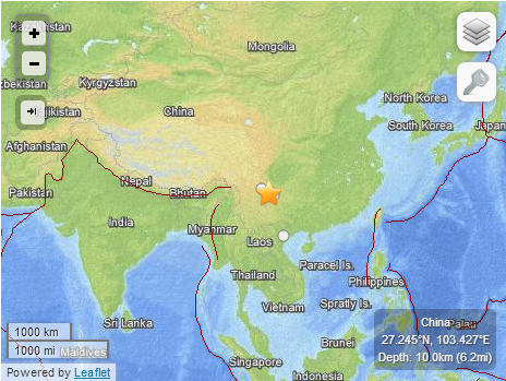 Location of the 6.1 quake in China. Image Credit: USGS