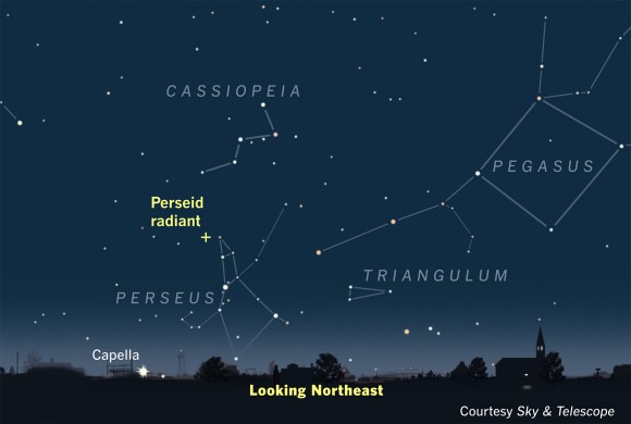 The radiant point of August's famous Perseid meteor shower is between Cassiopeia and Perseus.  Chart via SkyandTelescope.com