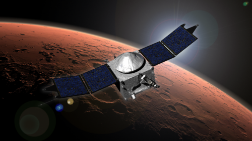El concepto del artista de la nave espacial MAVEN al amanecer sobre Marte, a través Colorado.edu