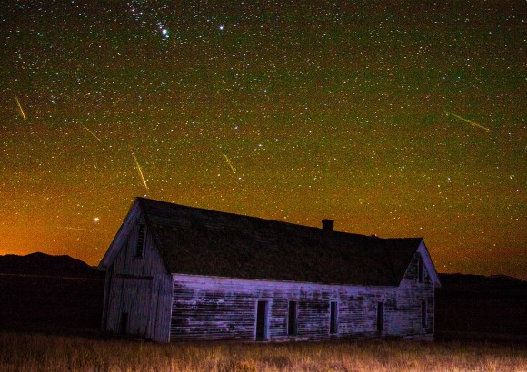 Joe Randall created this composite shot of the Orionid meteor shower from images taken on October 21, 2014.  Thanks, Joe!