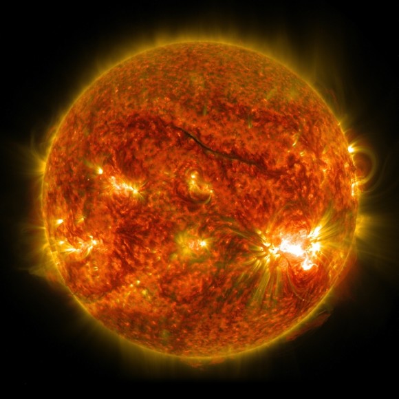 The bright light in the lower right of the sun shows an X-class solar flare on Oct. 26, 2014, as captured by NASA's SDO. This was the third X-class flare in 48 hours, which erupted from the largest active region seen on the sun in 24 years. Image credit: NASA/SDO