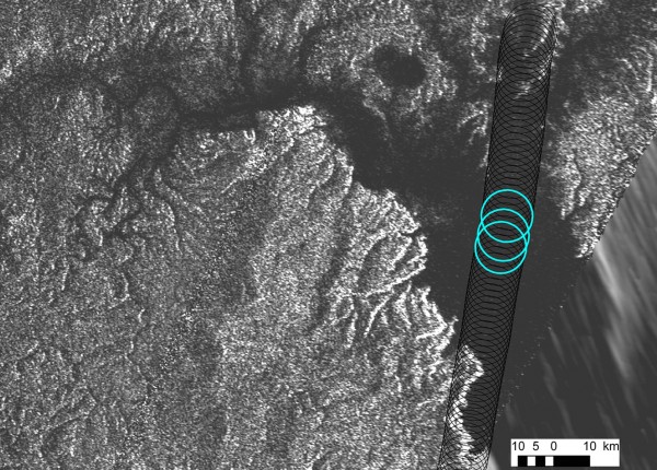 Cassini radar data reveal the depth of a liquid methane/ethane sea on Saturn's moon Titan near the mouth of a large, flooded river valley.  Image via NASA/JPL-Caltech/ASI/Cornell 