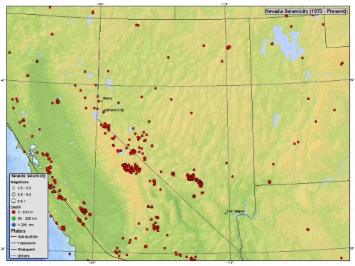 Seismicity map of Nevada, from USGS.