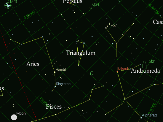 Constellation Triangulum. Notice its relationship to the constellation Andromeda and especially the star Mirach in Andromeda. Via astronomy.net