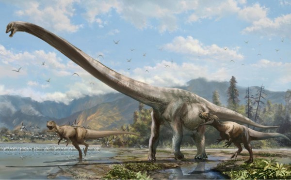 Artist's concept of newly discovered long-necked dinosaur, called Qijianglong.  Credit: Xing Lida