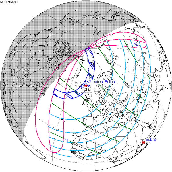 The path of the total solar eclipse (in blue) starts to the south of Greenland at sunrise and ends to the north of Greenland at sunset. A much larger part of the word (Greenland, Europe, northern Africa, the Middle East and northwestern Asia get to see a partial solar eclipse. Image Credit: NASA eclipse web site