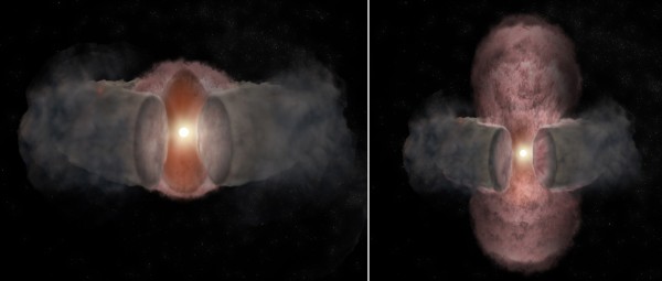 View larger. |  Artist's conception of the development of W75N(B)-VLA-2.. At left, a hot wind from the young star expands nearly spherically, as seen in 1996. At right, as seen in 2014, the hot wind has been shaped by encountering a dusty, donut-shaped torus around the star and appears elongated.  Image via Bill Saxton, NRAO/AUI/NSF. 